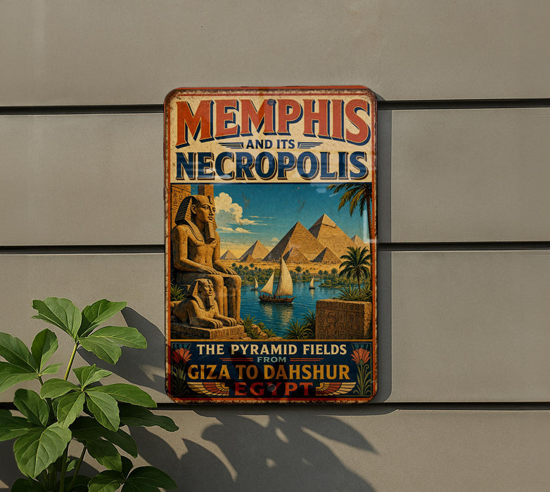 A vintage-style metal sign advertising "Memphis and its Necropolis" and "The Pyramid Fields Giza to Dahshur Egypt" is displayed on a wall, with a plant visible to the left.