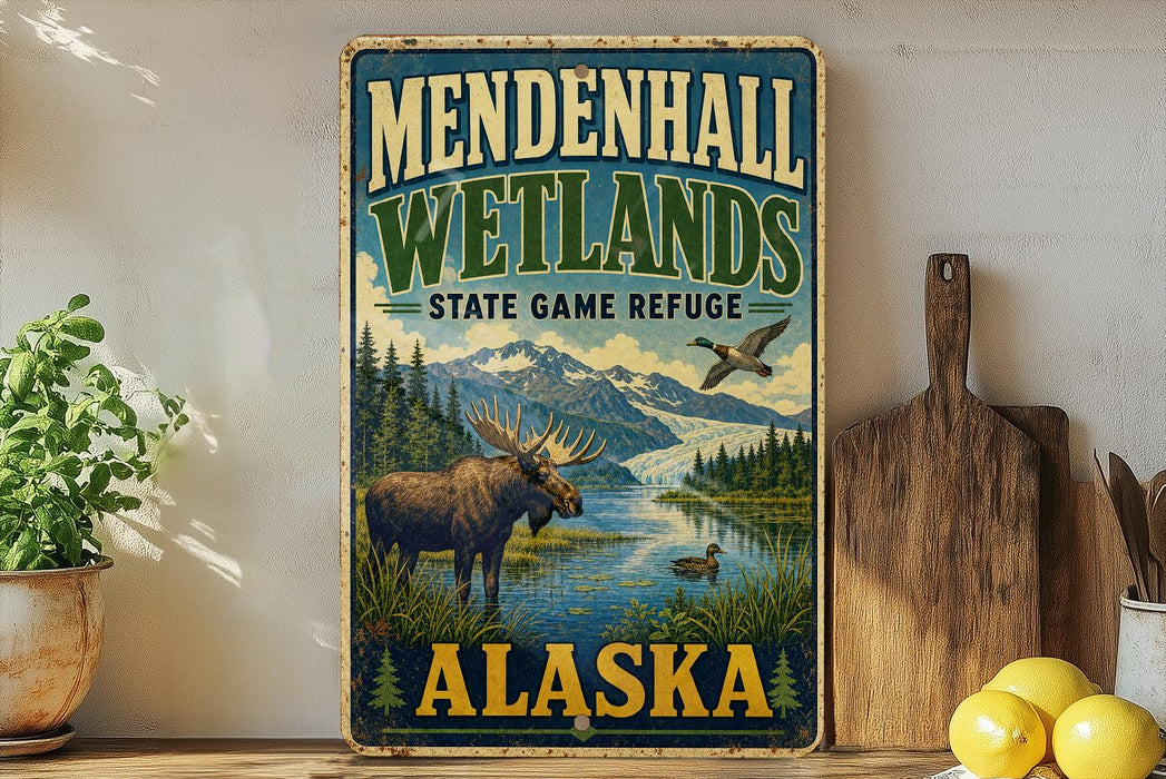 A vintage-style sign for Mendenhall Wetlands State Game Refuge in Alaska, featuring a moose and a duck in a scenic landscape.