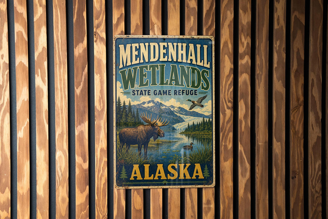 A vintage-style metal sign for Mendenhall Wetlands State Game Refuge in Alaska, featuring a moose and a bird in a scenic landscape.