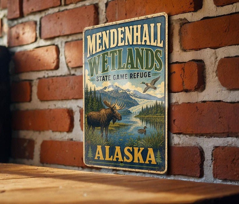A vintage metal sign for Mendenhall Wetlands State Game Refuge in Alaska, featuring a moose and a bird in a scenic landscape.
