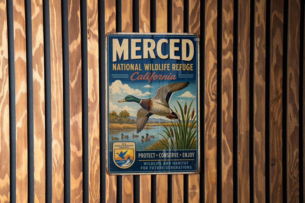A vintage-style metal sign for the Merced National Wildlife Refuge in California, featuring a duck in flight and a scenic landscape.