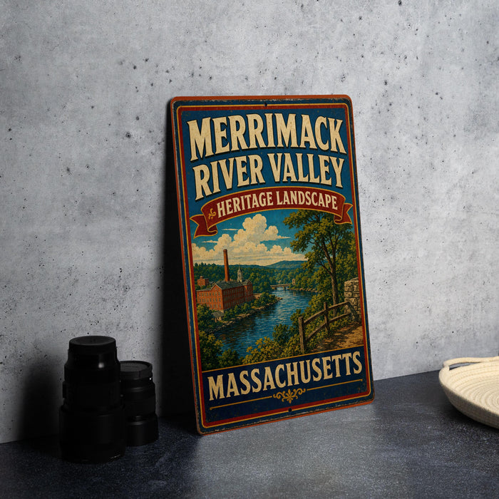 A vintage-style sign for Merrimack River Valley Heritage Landscape in Massachusetts, featuring a scenic illustration of a river and surrounding landscape.