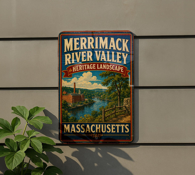 A vintage-style metal sign for Merrimack River Valley, Massachusetts, featuring a scenic landscape with a river, buildings, and trees.