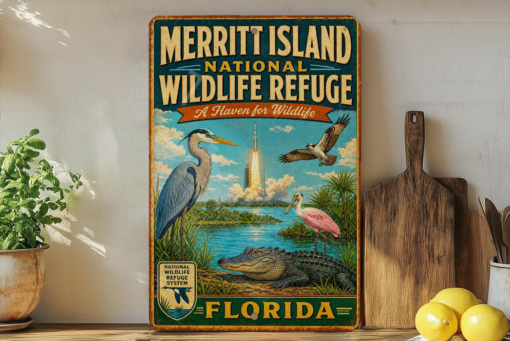 A vintage-style sign for the Merritt Island National Wildlife Refuge in Florida, featuring illustrations of various wildlife species such as a crane, alligator, and pelican.