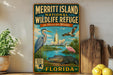 A vintage-style sign for the Merritt Island National Wildlife Refuge in Florida, featuring illustrations of various wildlife species such as a crane, alligator, and pelican.