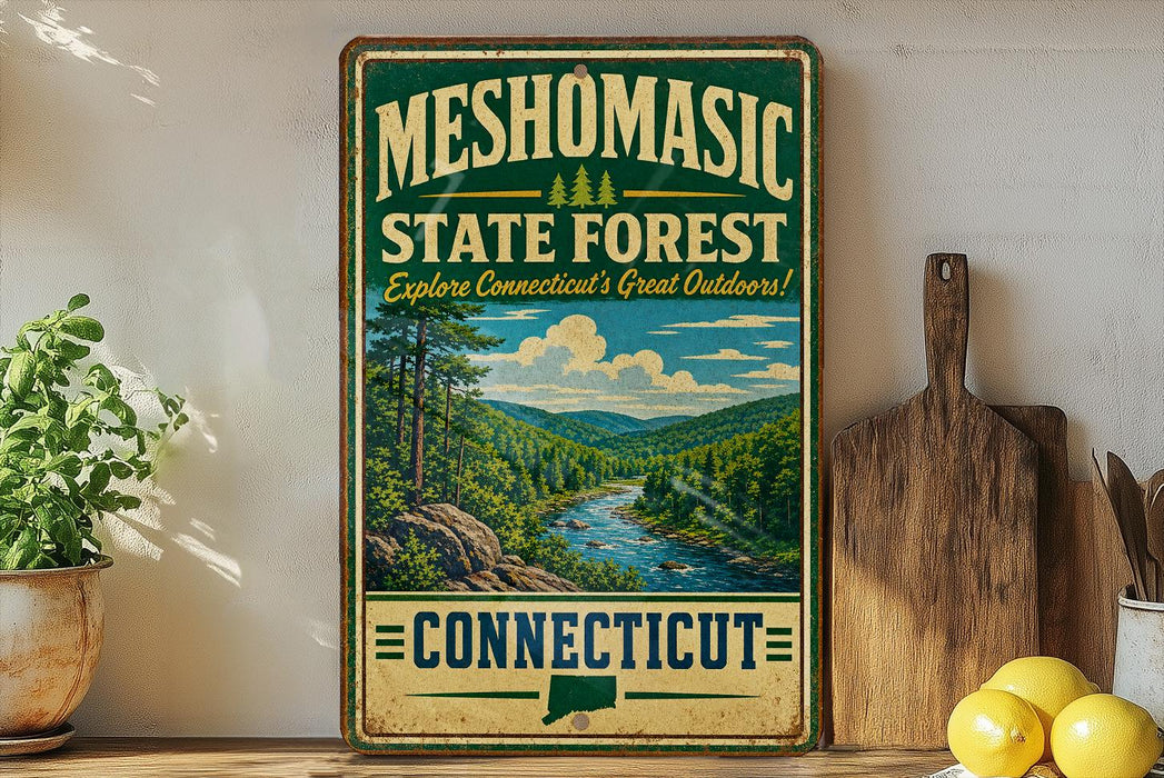 A vintage-style metal sign for the Mesomorphic State Forest in Connecticut, featuring a scenic landscape with a river and mountains.