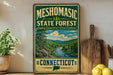 A vintage-style metal sign for the Mesomorphic State Forest in Connecticut, featuring a scenic landscape with a river and mountains.