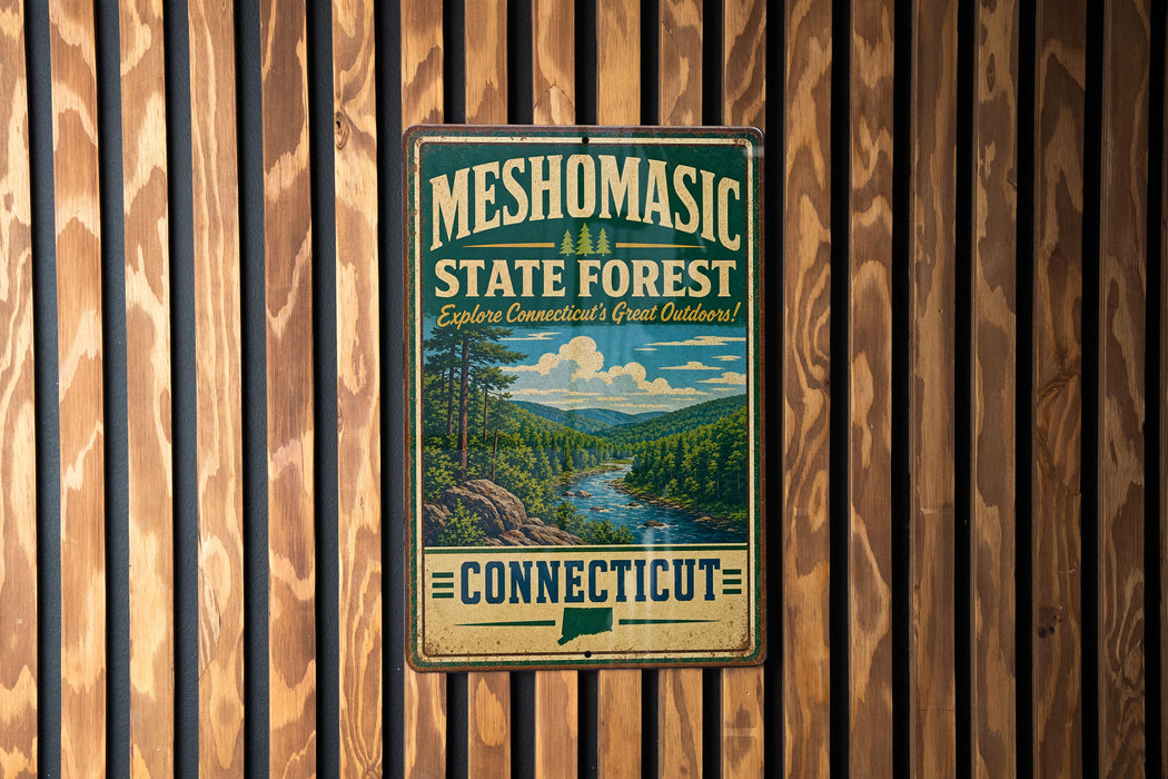 A vintage metal sign for the Mesomorphic State Forest in Connecticut, featuring a scenic landscape with a river and mountains.
