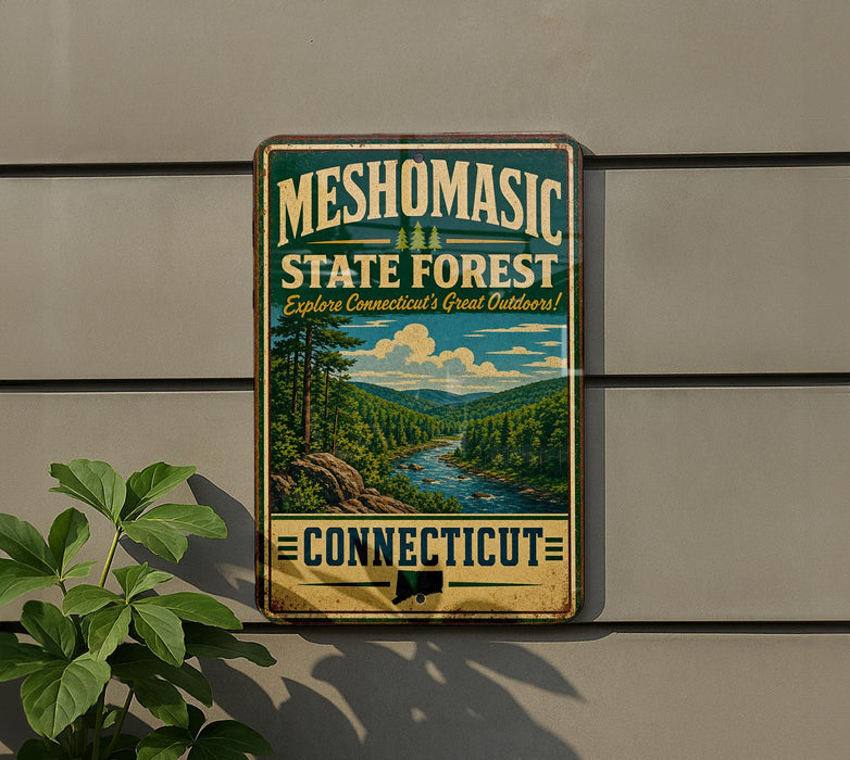 A vintage-style metal sign for the Mesomorphic State Forest in Connecticut, featuring a scenic landscape with a river and forest.