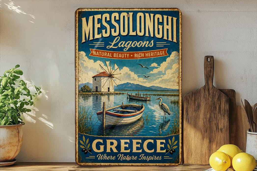 A vintage-style metal sign advertising Messolonghi Lagoon, Greece, featuring a scenic image of a boat on the water and a windmill in the background.