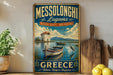 A vintage-style metal sign advertising Messolonghi Lagoon, Greece, featuring a scenic image of a boat on the water and a windmill in the background.