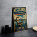 A vintage-style metal sign for Messolonghi Lagoon in Greece, featuring a scenic image of a boat on the water and a windmill in the background.