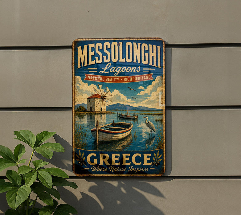 A vintage-style metal sign for Messolonghi Lagoon, Greece, featuring a scenic illustration of a boat on the water and a windmill in the background.