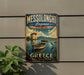A vintage-style metal sign for Messolonghi Lagoon, Greece, featuring a scenic illustration of a boat on the water and a windmill in the background.