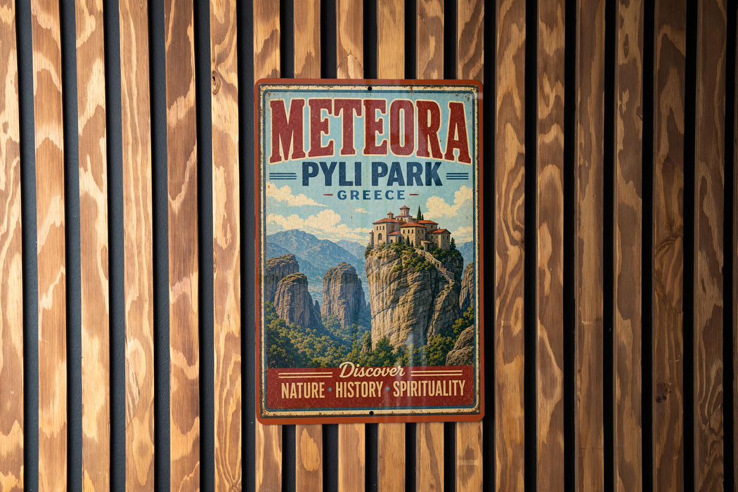 A vintage-style metal sign for Meteora Pyli Park in Greece, featuring a mountain landscape with a castle-like structure on top.