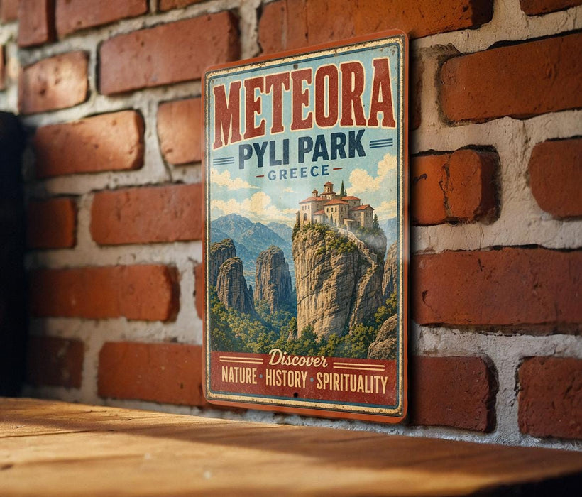 A vintage-style metal sign displaying the name 'METEORA PYLI PARK GREECE' and a scenic image of a mountain landscape.