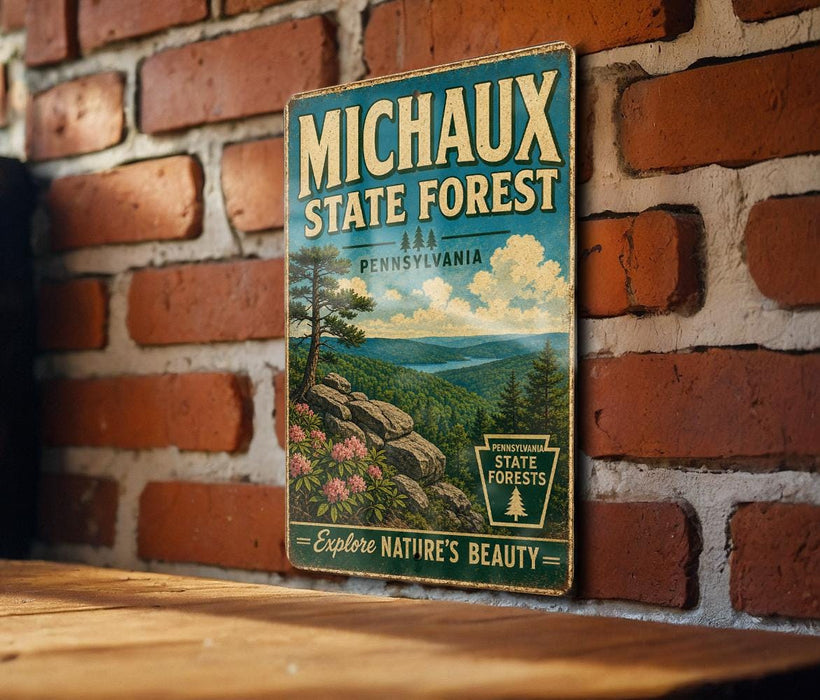 A vintage-style metal sign for the Michaux State Forest in Pennsylvania, featuring a scenic landscape with pine trees, mountains, and a river.