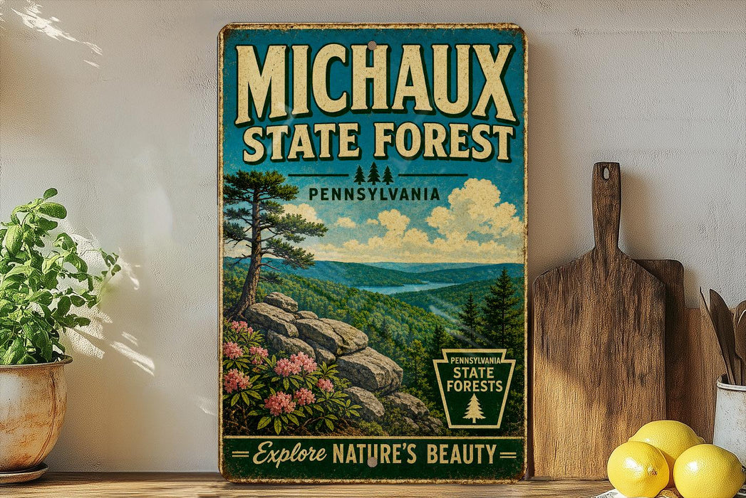 A vintage-style poster for the Michaux State Forest in Pennsylvania, featuring a scenic landscape with pine trees, mountains, and a river.