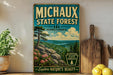 A vintage-style poster for the Michaux State Forest in Pennsylvania, featuring a scenic landscape with pine trees, mountains, and a river.