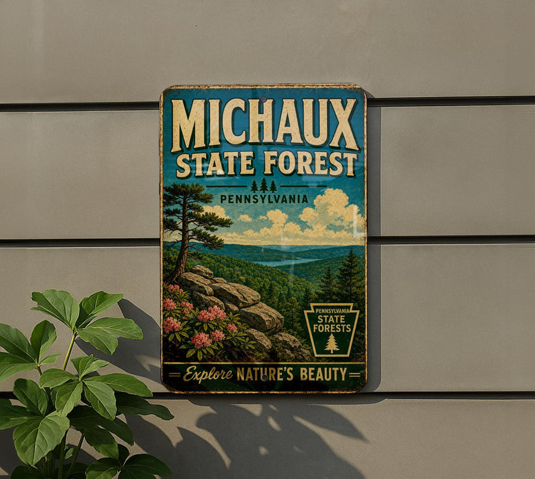 A vintage-style metal sign for the Michaux State Forest in Pennsylvania, featuring a scenic landscape with pine trees, rocks, and flowers.