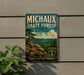 A vintage-style metal sign for the Michaux State Forest in Pennsylvania, featuring a scenic landscape with pine trees, rocks, and flowers.