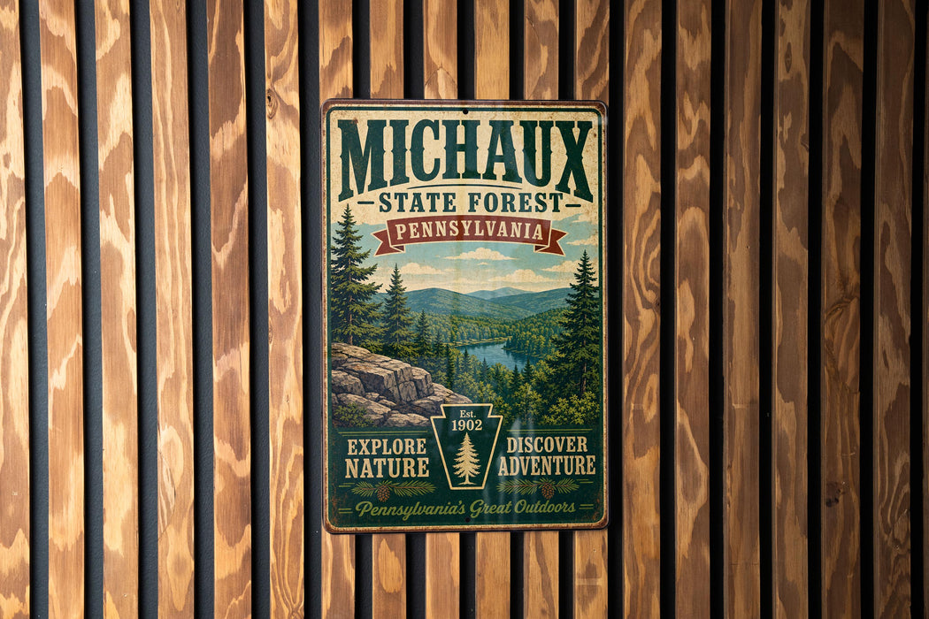 A vintage-style metal sign for the Michaux State Forest in Pennsylvania, featuring a scenic landscape with pine trees and a river.