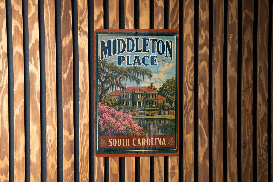 A vintage-style metal sign for "Middleton Place" in South Carolina, featuring a house surrounded by trees and flowers.