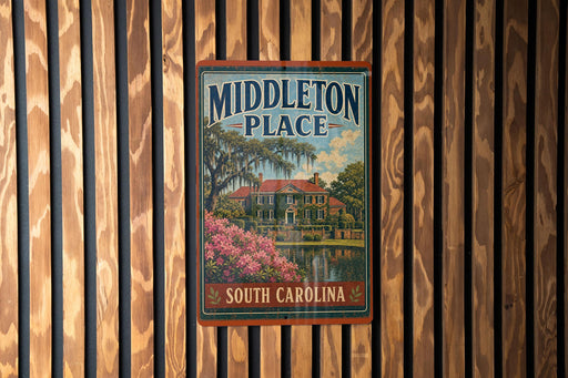 A vintage-style metal sign for "Middleton Place" in South Carolina, featuring a house surrounded by trees and flowers.