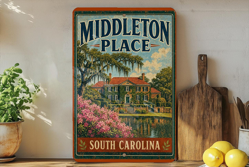 A vintage-style sign for "Middleton Place" in South Carolina, featuring a house surrounded by trees and flowers, is displayed on a shelf next to a wooden cutting board and some potted plants.