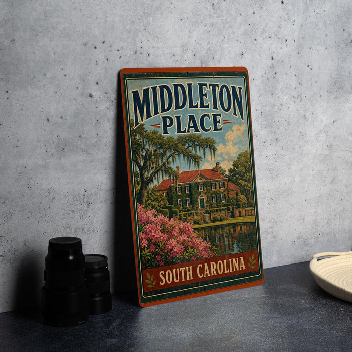 A vintage-style sign for "Middleton Place" in South Carolina, featuring a house surrounded by trees and pink flowers.