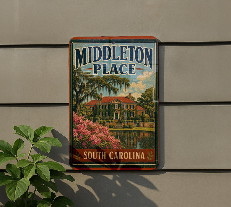 A vintage-style sign for "Middleton Place" in South Carolina, featuring a house surrounded by trees and a pond.
