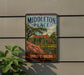 A vintage-style sign for "Middleton Place" in South Carolina, featuring a house surrounded by trees and a pond.