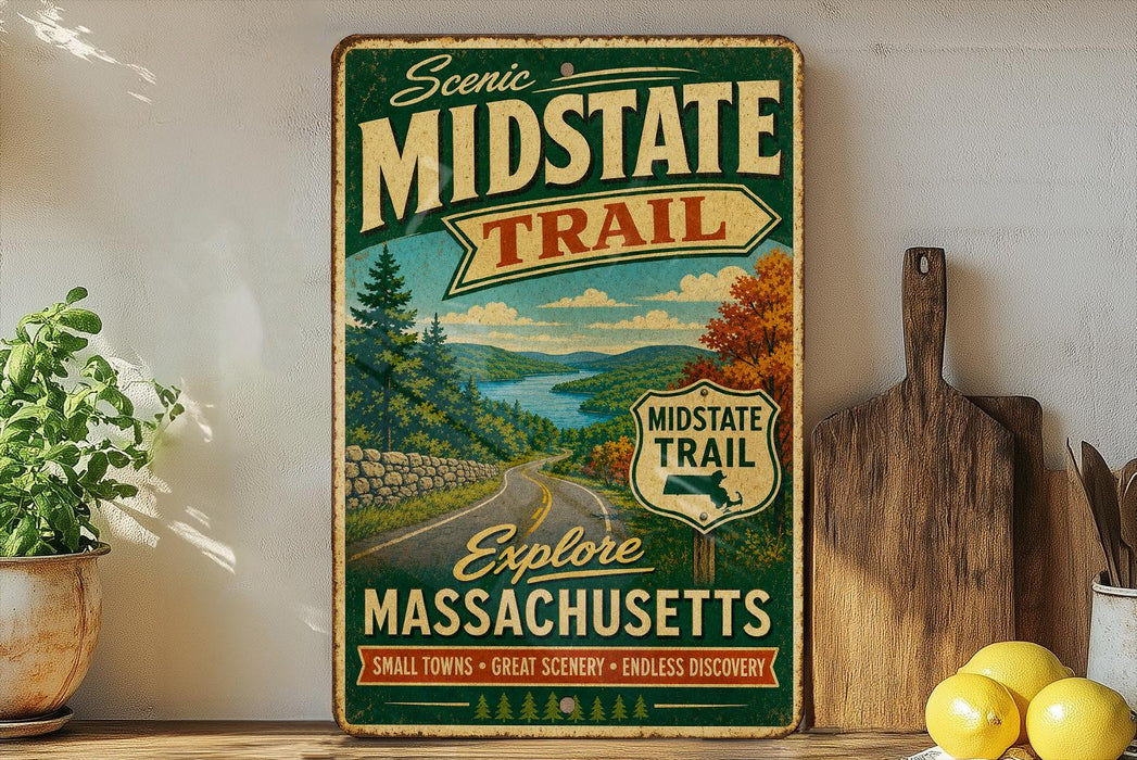 A vintage-style metal sign advertising the "Scenic Midstate Trail" in Massachusetts, featuring a scenic mountain landscape and inviting visitors to explore the state.