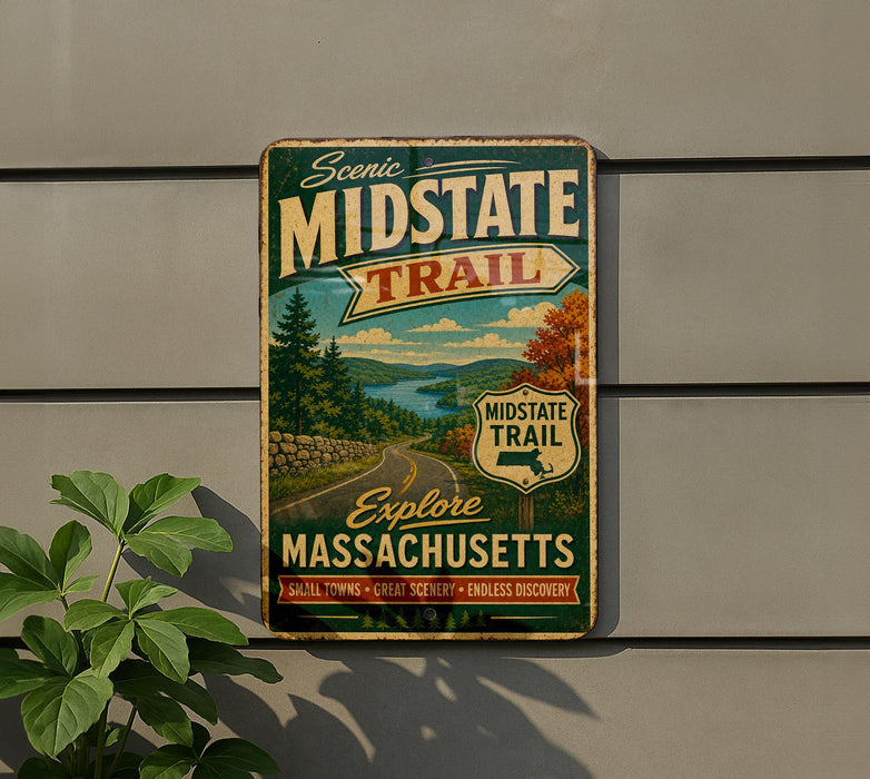 A vintage metal sign for the scenic midstate trail, featuring a scenic landscape with a road, trees, and mountains.