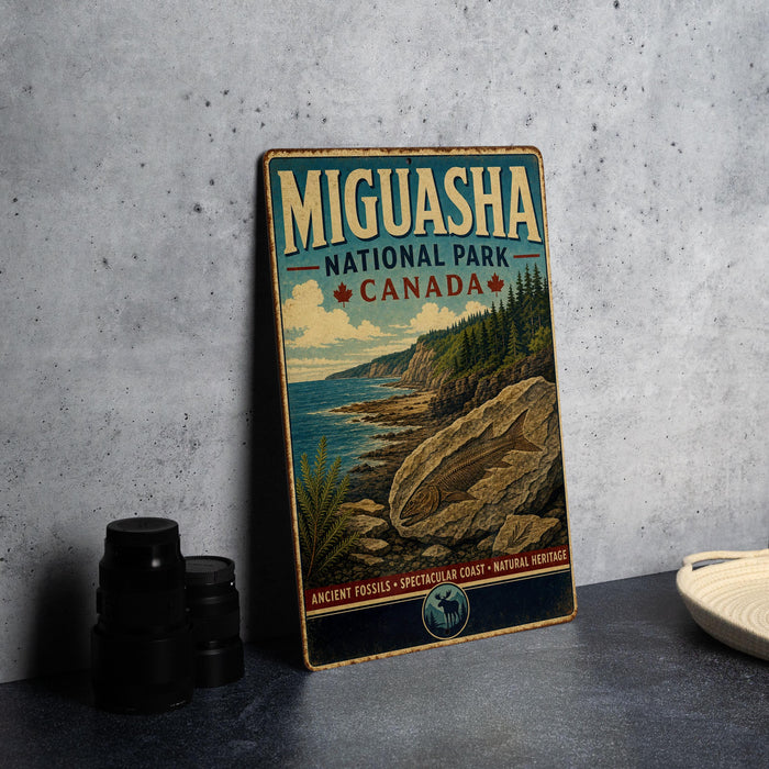A vintage-style sign for MIGUASHA NATIONAL PARK, CANADA, featuring an illustration of a coastal landscape with a rocky outcrop and a pine tree.