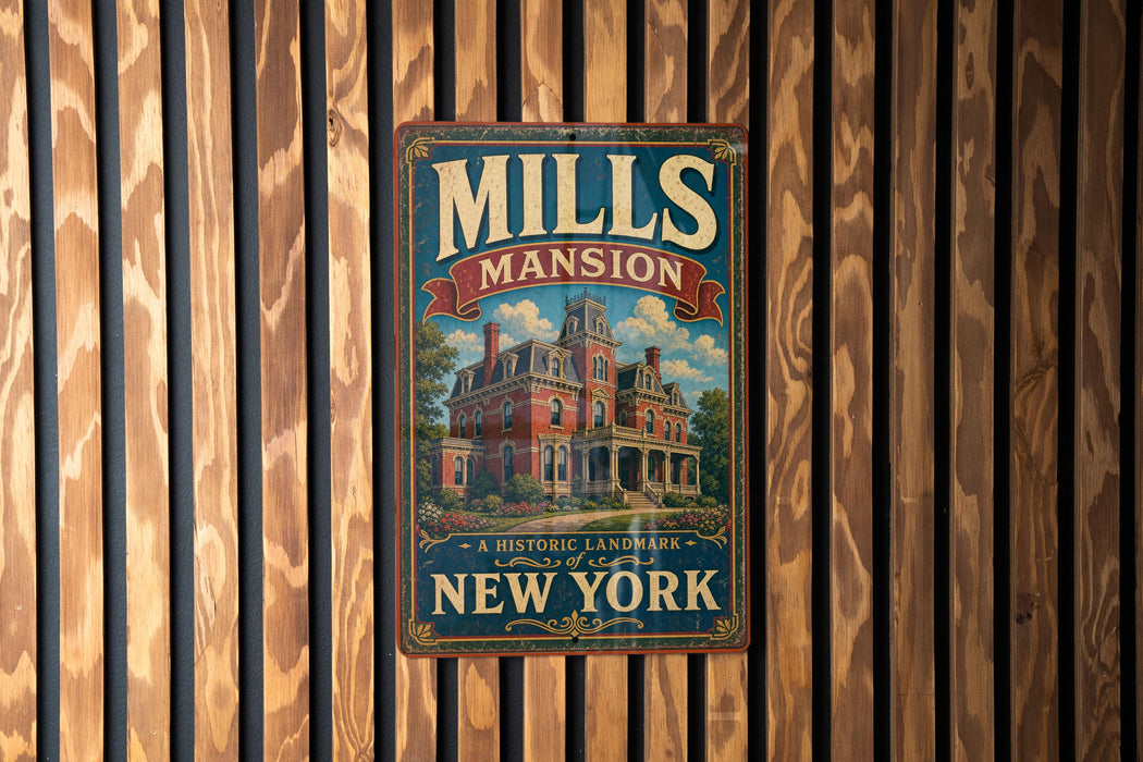 A vintage-style metal sign for "Mills Mansion" is displayed on a wooden wall.