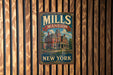 A vintage-style metal sign for "Mills Mansion" is displayed on a wooden wall.