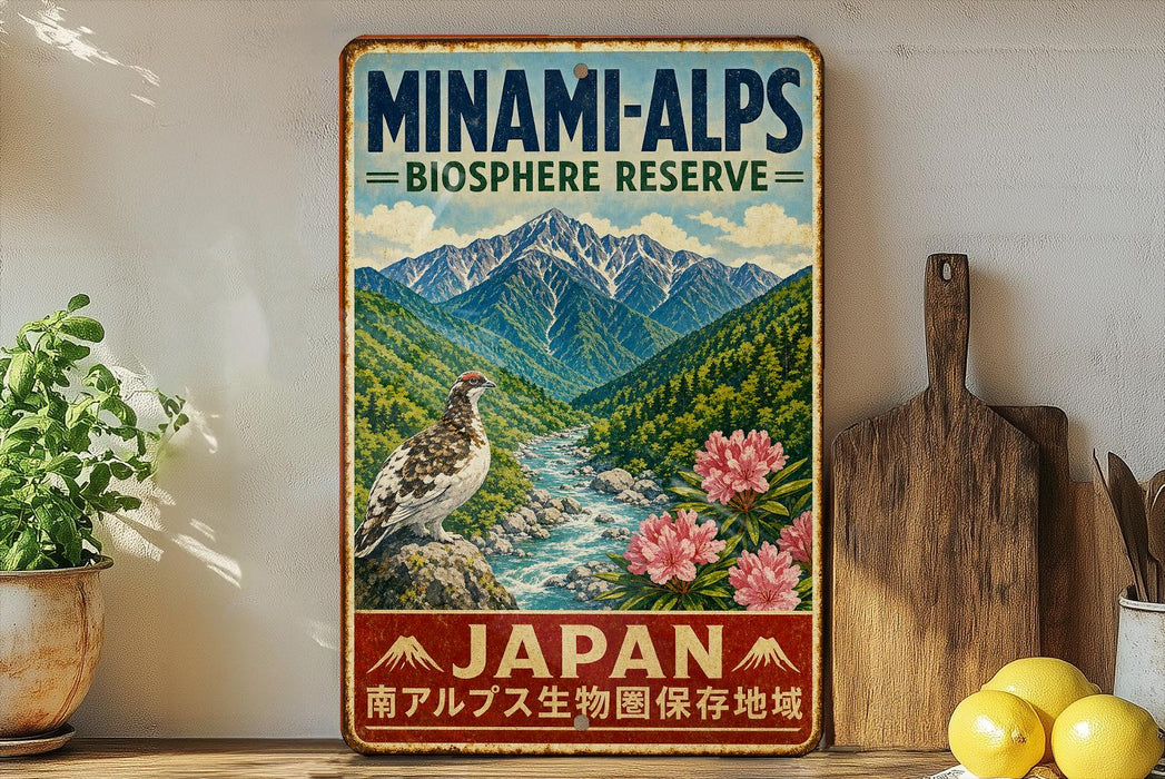a vintage-style metal sign with a mountain landscape and a bird perched on a rock, along with some flowers and a wooden cutting board.