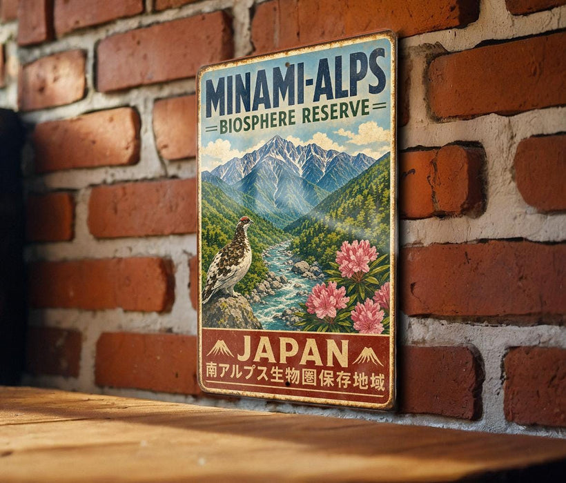 A vintage-style metal sign with a mountain landscape and a bird, mounted on a brick wall.