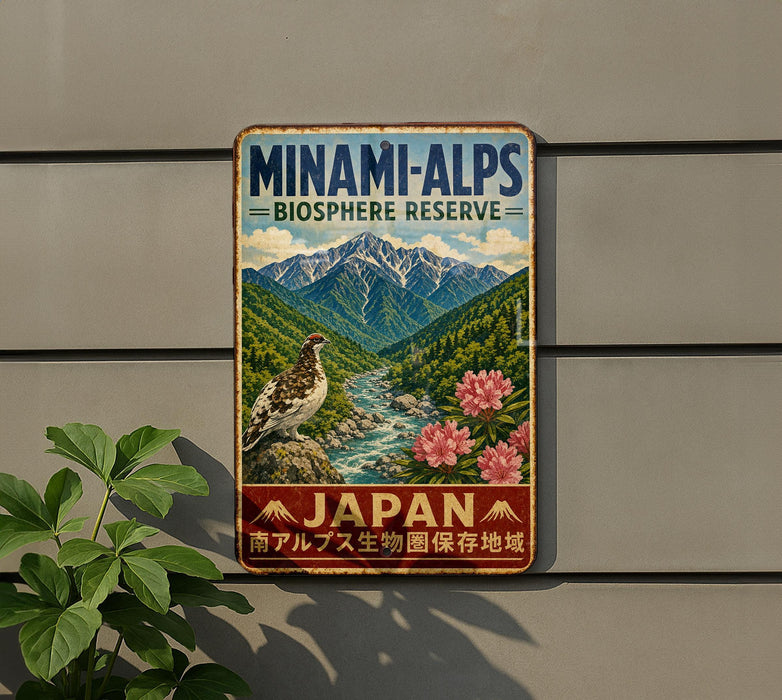 a vintage-style metal sign with a mountain landscape and a bird perched on a rock, mounted on a wall.