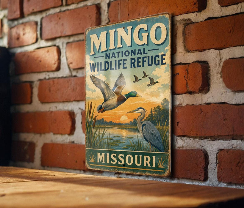 A vintage-style metal sign for the Mingso National Wildlife Refuge in Missouri, featuring an illustration of ducks and a sunset.
