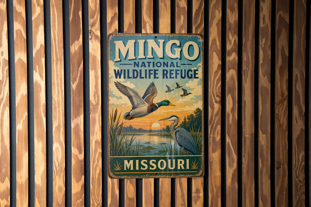 A vintage-style metal sign for the Mington National Wildlife Refuge in Missouri, featuring a bird illustration and a sunset landscape.