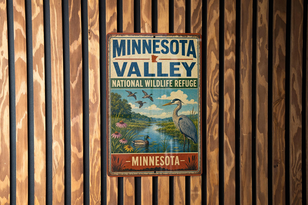 A vintage-style metal sign for the Minnesota Valley National Wildlife Refuge, featuring an illustration of a bird and a river, mounted on a wooden wall.