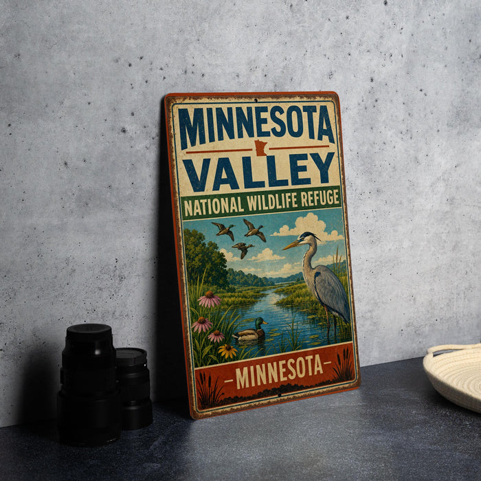 A vintage-style sign for the Minnesota Valley National Wildlife Refuge, featuring an illustration of a bird and a river, is displayed on a gray concrete surface.