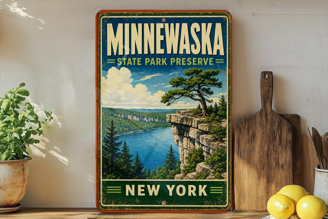 A vintage-style sign for Minnewaska State Park Preserve, featuring a scenic landscape with a cliff overlooking a lake and pine trees.