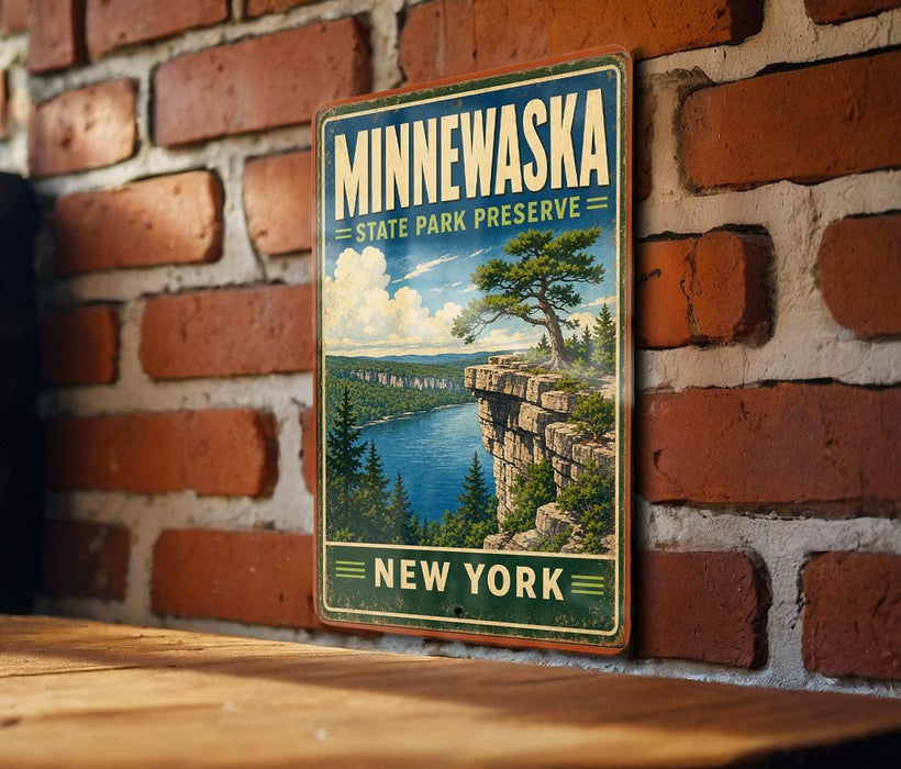 A vintage-style metal sign for Minnewaska State Park Preserve, featuring a scenic landscape with a cliff overlooking a lake and pine trees.