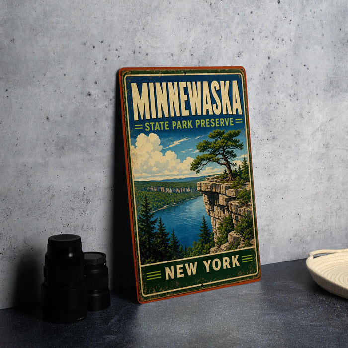 A vintage-style sign for Minnewaska State Park Preserve, featuring a scenic landscape with a cliff overlooking a lake and pine trees.