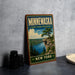 A vintage-style sign for Minnewaska State Park Preserve, featuring a scenic landscape with a cliff overlooking a lake and pine trees.