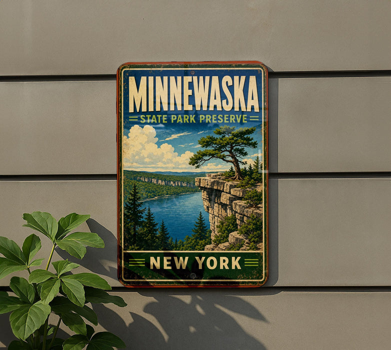 A vintage-style sign for Minnewaska State Park Preserve, featuring a scenic landscape with a cliff overlooking a lake and pine trees.