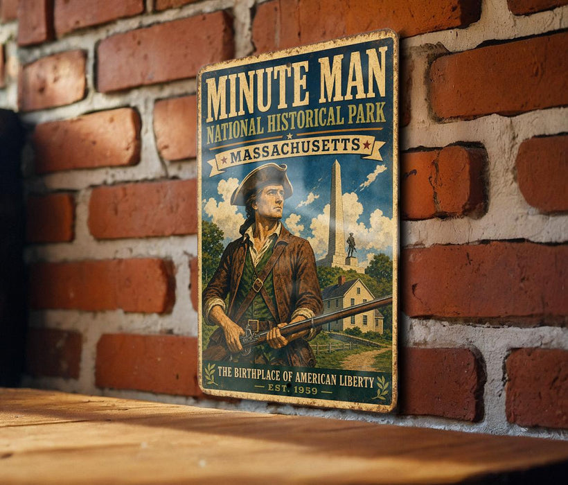 a vintage-style metal sign with a historical theme, mounted on a brick wall.